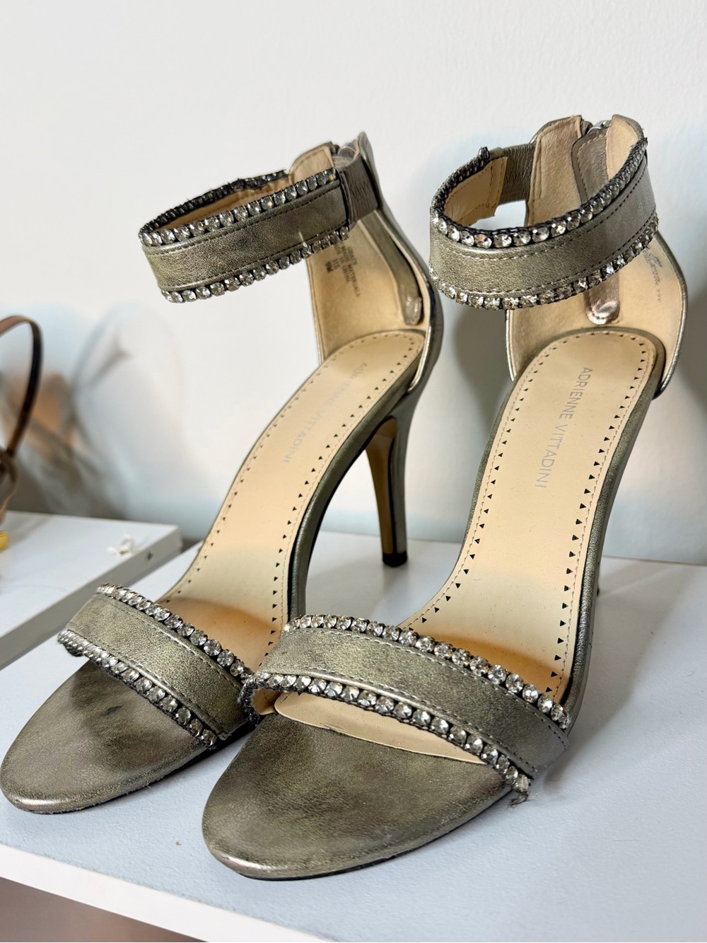 Metallic Ankle-Strap Heels in Silver, 9